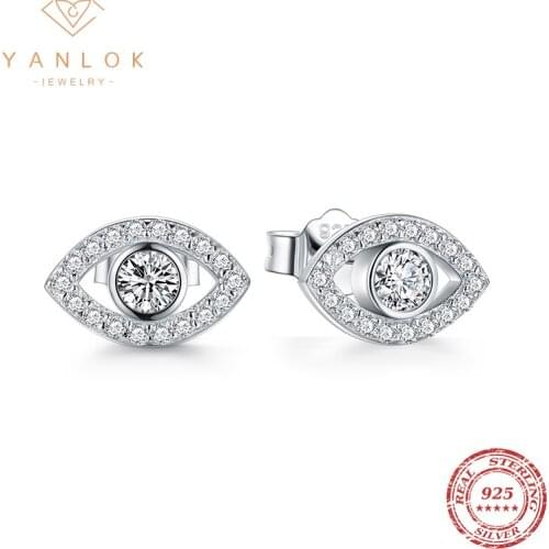 YANLOK Hot Sale Authentic 925 Sterling Silver Shiny Clear CZ Eye Symbol Stud Earrings For Women Fashion Sterling Silver Jewelry