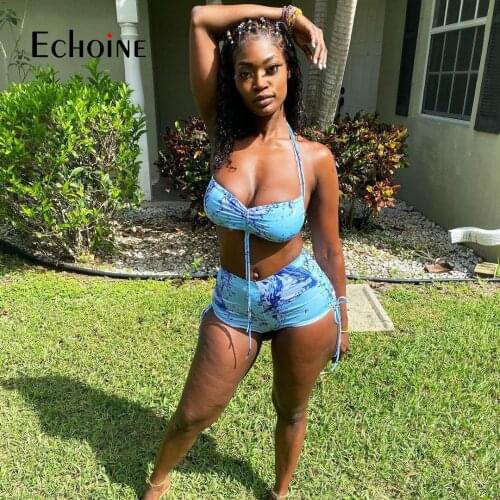 Echoine Women Print Sleeveless Halter Bra Tops Shirring Shorts Two Piece Sets Sexy Fashion Tracksuit Summer Party Club Outfits