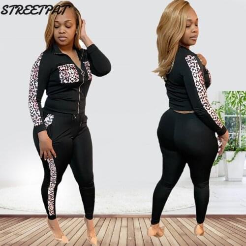 Plus Size Tracksuit Women 2 Two Piece Set Outfits Leopard Patchwork Oversize Top Sport Pants Jogging Suits Sweat Femme 2021