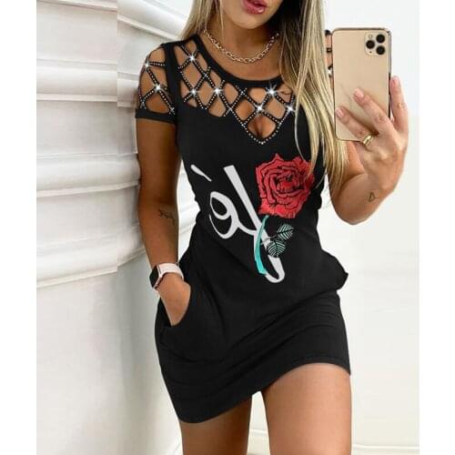 2021 summer fashion print dress new lady sexy hollow dress summer women round neck tight A-line skirt vestidos