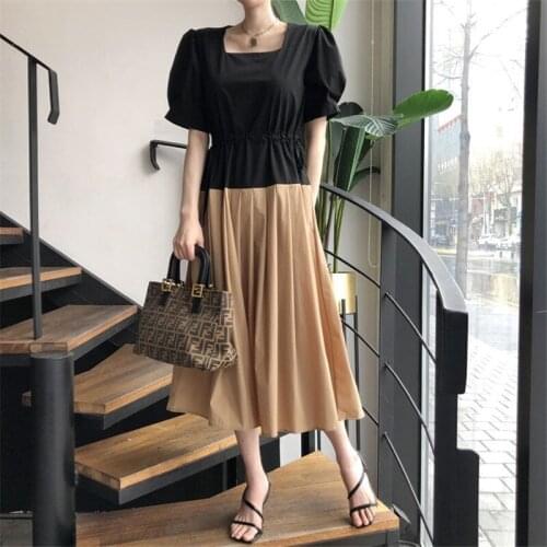 Color Patchwork summer woman dress Square collar Mid Waist Casual holiday dresses women Short Sleeves Ruched vestidos 2021