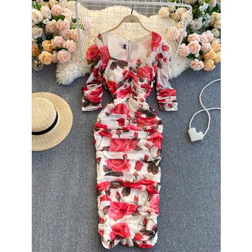 Bohemian Women Flower Printed Pleated Bodycon Dress Female Elegant High Waist Draped Vestidos Spring Autumn Lady Robe Fashion