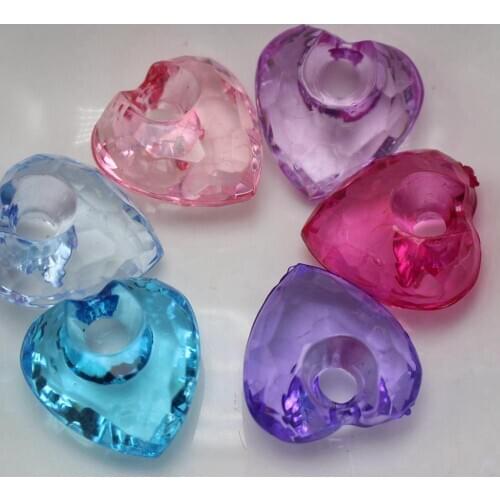 50 Mixed Color Transparent Acrylic Faceted Heart Charm Beads 16mm Top Drilled
