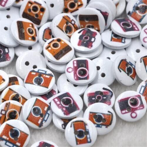New 50pcs Camera Wood Buttons 15mm Sewing Craft Mix Lots WB272