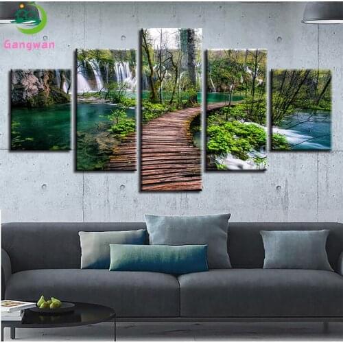 Diamond Embroidery Natural scenery, waterfall, wooden bridge Diamond Painting Full Drill Mosaic Cross Stitch Wall Art5 pcs