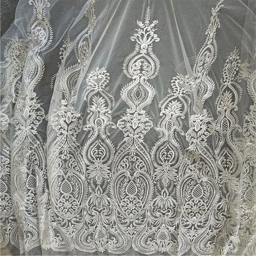 Off White Embroidery Fabric, Retro Flower Lace, Sequined Lace Fabric, Skirt Or Lace Curtains Fabric By Yard 51" Wide