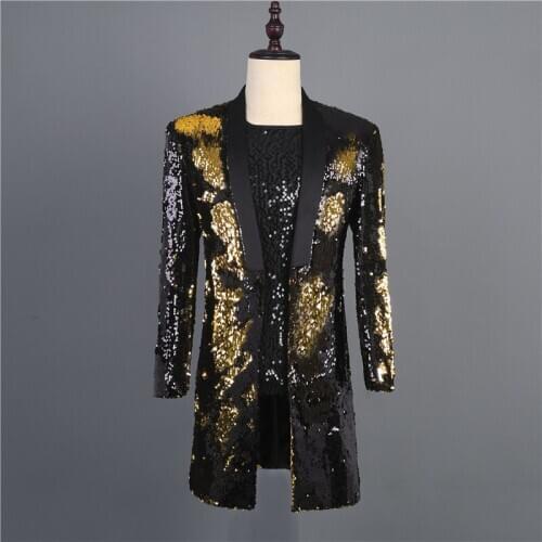 Shawl Collar Sequins Blazer Mens Stage Costume Nightclub Singer Host Dj Mid-long Jacket