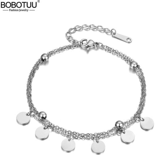 BOBOTUU Trendy Stainless Steel Jewelry 2 Layers Bracelets 6 Round Little Disc Rose Gold Color Cute Bracelet BB18180