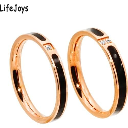 Stainless Steel Thin Rings For Women Black Enamel Zircon Stacking Rings Shiny Rose Gold Fashion Minimalist Jewelry 2.5mm / 3mm