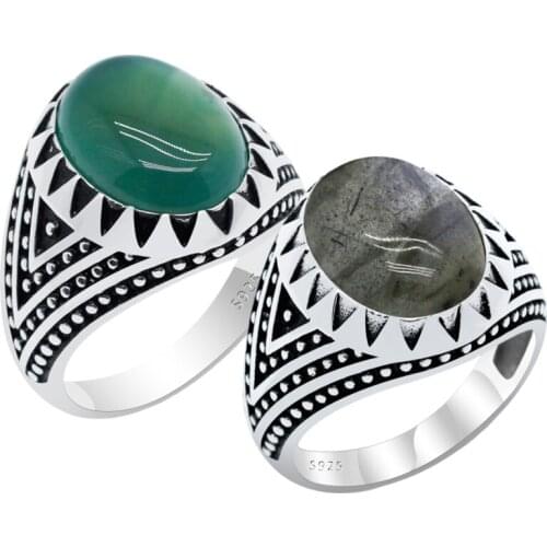 Natural Agate Stone Moonstone 925 Silver Men Ring Handmade Turkish Jewelry Thai Silver Retro Punk for Party Wedding Fine Jewelry