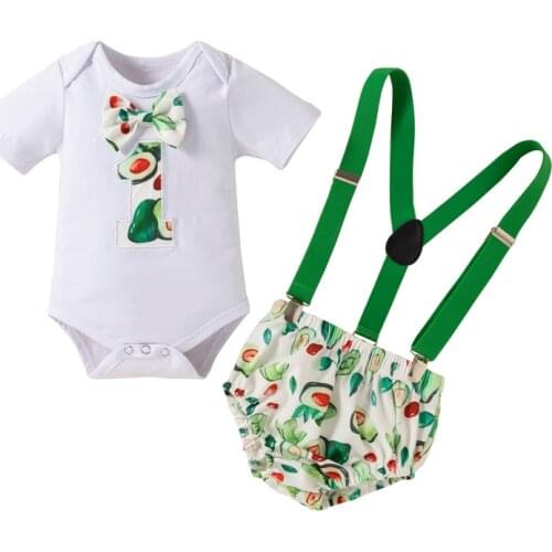 Fashion Kids Suit Set Boy Clothing Avocado Print Round Neck Short Sleeve Romper+ Suspender Shorts Summer Boys Costume
