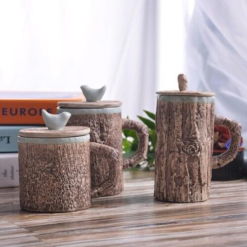 Creative Imitation Bark Porcelain Mug With Cover Ceramic Coffee Tea Milk Water Cup Travel Vintage Home Office Kitchen Decor Gift