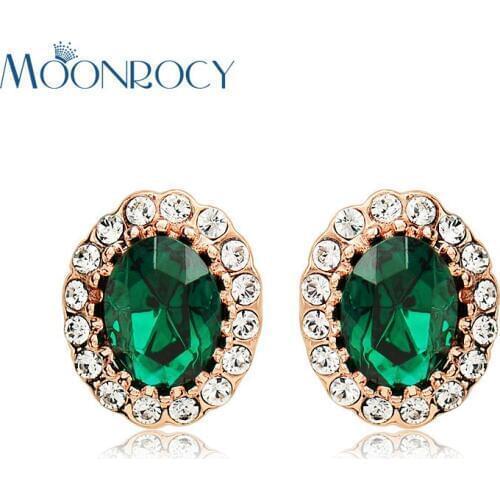 MOONROCY Free Shipping Fashion Rose Gold Color Cubic Zirconia Vintage Oval Blue Crystal Earrings for Women Girls Mothers' Gift