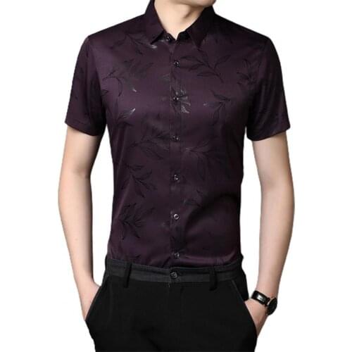 Men Slim Social Shirt Plant Print Buttons Turndown Collar Summer Streetwear Short Sleeve Lapel T-shirt for Business