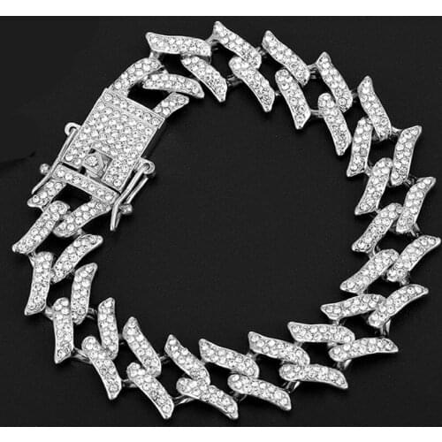 NEW Iced Out Chain Bling Prong Miami Cuban Link Chains Bracelet 15mm Full Crystal Rhinestones Clasp Hip Hop Bracelet Mens