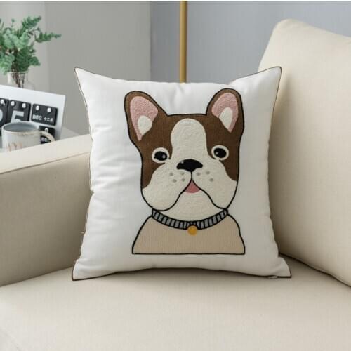 DUNXDECO Cushion Cover Decorative Pillow Case Modern Simple Bull Dog Cute Animal Cotton Thread Embroidery Bedding Sofa Coussin