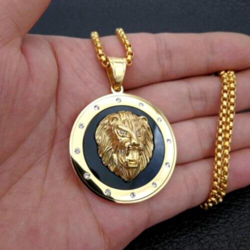 Hip Hop Round Lion Pendant Necklace For Men Women Goth Lion Animals Jewelry With Long Link Cain Jewelry Free Shipping