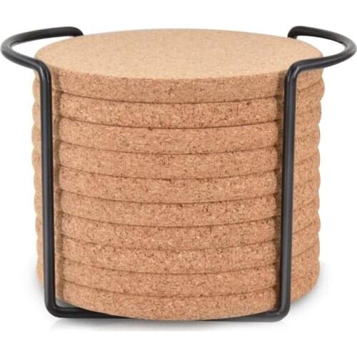 AD55 Round Cork Coasters for Drinks,with Metal Holder Storage Caddy,Reusable Saucers for Cold Drinks Wine Glasses Cup
