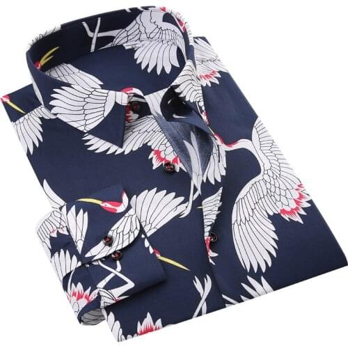 Casual Fashion White Crane Print Mens Hawaiian Shirt Pocketless Design Long Sleeve Cotton Beach Floral Shirts