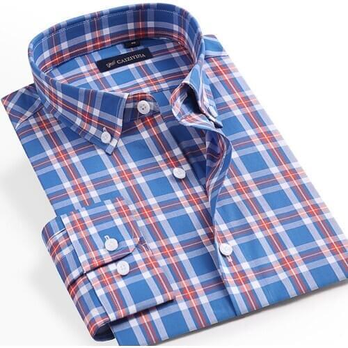 High Grade Plaid Shirts For Men 100% Cotton Standard Fit Business Mens Casual Checked Shirt Long Sleeve Comfortable Pocketless