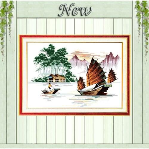 Fishing boat sea river NKF decor painting Counted print on fabric Cross Stitch Needlework kits DMC 14CT 11CT DIY Embroidery Sets