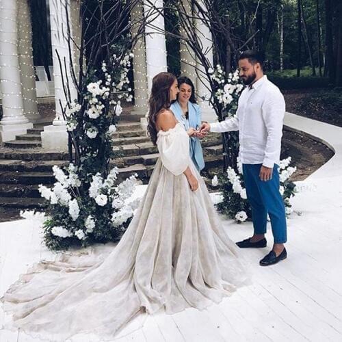 Modest Design Chiffon A Line Printed Open Back Boho Embroidery Off The Shoulder Princess Wedding Dress Puff Sleeves Bridal Gown