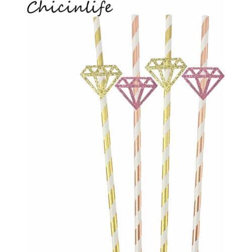 Chicinlife 10Pcs Rose Gold Diamond Paper Straws Wedding Bridal Shower Party Supplies Bachelorette Party gold Diamond Drink Straw