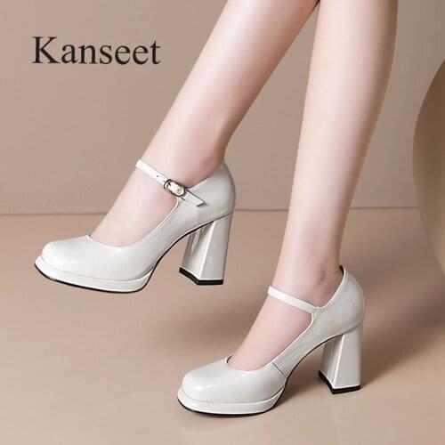 Kanseet Autumn New Arrival Womens Pumps Party Office Ladies Cow Patent Leather Buckle Elegant Thick High Heels Women Shoes 40
