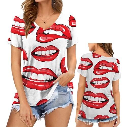 Funny Mouth Mom Life Print Women T Shirt Short Sleeve V Neck Loose Women Tshirt Ladies Fashion Tee Shirt Tops Clothes