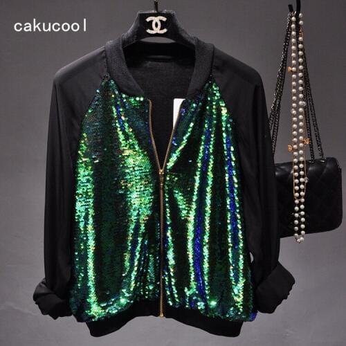 Cakucool Women Sequined Bomber Jacket Coat Mesh Long Sleeve Baseball Jacket Casual Beading Shiny Slim Thin Women Jacket Overcoat
