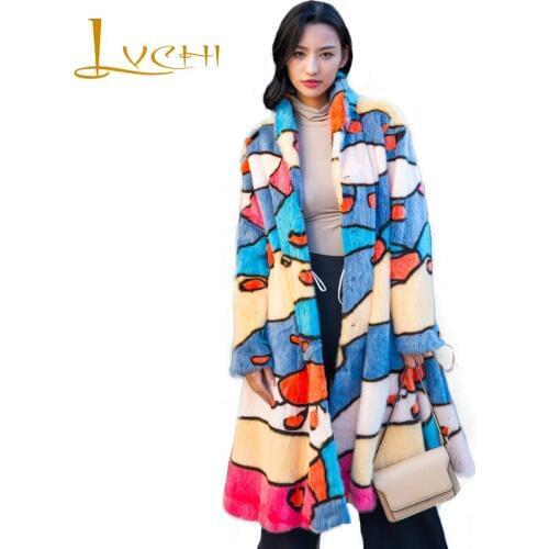 LVCHI Winter 2019 Mink Fur Coats Womens Cute Long Sleeve Coat Full Pelt Print Flower Real Natural Fur X-Long Causal Mink Coats