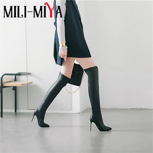 MILI-MIYA sexy women over-the-knee boots PU leather super high thin heels waterproof pointed toe solid color plus size 34-46