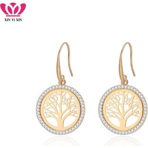 Round Tree Pattern Drop Earrings For Women Gold Color Gun Black Crystal Earring Vintage Fashion pendientes mujer Jewelry 2019