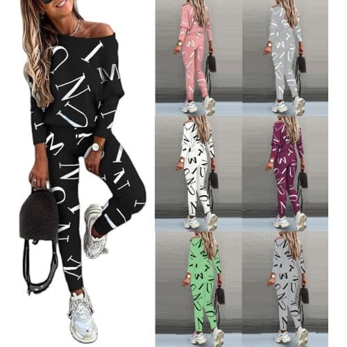 2 Piece Sets Women Tracksuit Letter Printed Casual Long Sleeve Top and Pants Sets Female Autumn Sport Suit