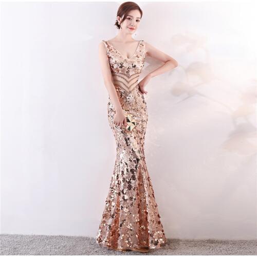 Summer Dress Women Gold Silver Sequins Dress V-Neck Vestidos Verano Club Party Dress Memaid Gown Elegant Sexy Wedding