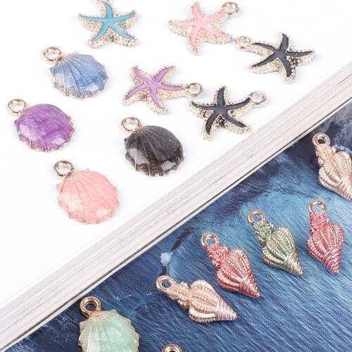 Lovely 12pcs Multi-Styles Starfish Shell Conch Crown Enamel Charms Pendant For Jewelry Making DIY Bracelet Necklace DIY Craft