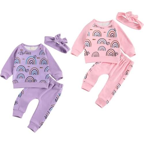 2020 Rainbow 0-18M Infant Baby Girl Clothing Fall Outifts Rainbow Print Long Sleeve Sweatshirt+Striped Side Pants+Headband 3pcs