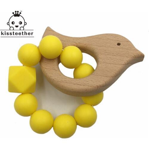 Baby Nursing Accessory Teether Baby Rattles Sensory Beech Woode Animal Diy Jewelry Teething Toy Silicone Bracelet