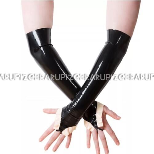 Black With White Sexy Long Latex Gloves Ruffles And Ring Rubber Mittens ST-0059
