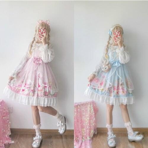 Dessert Rabbit Sweet Girl Womens Lolita JSK Dress Sleeveless Dress Veil Tunic Princess Dress Bows One Piece 3 Colors