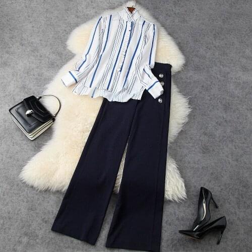 European and American womens clothing 2021 New Style for Spring Long sleeved striped shirt Button trousers Fashion suits