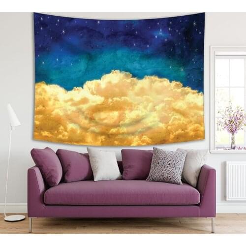 Tapestry Puffy Clouds And Twinkling Stars Dreamy Night Sky Grunge Effect Art Yellow and Blue