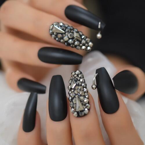 Dark Silver Strass Fake Nails Studs Extra Long Horse Shoe Metal Coffin Faux Ongles with Decorative Stones Frosted Maniture Tips