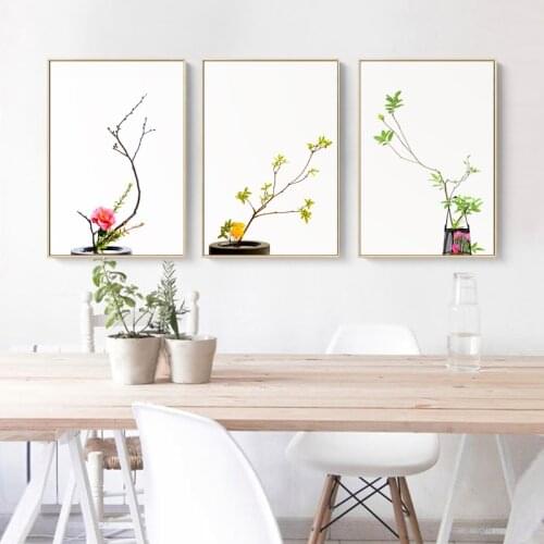 Modern Nordic Plant Flower Bonsai Canvas Painting Green Branches and Red Flower Poster and Print Wall Art Living Room Home Decor