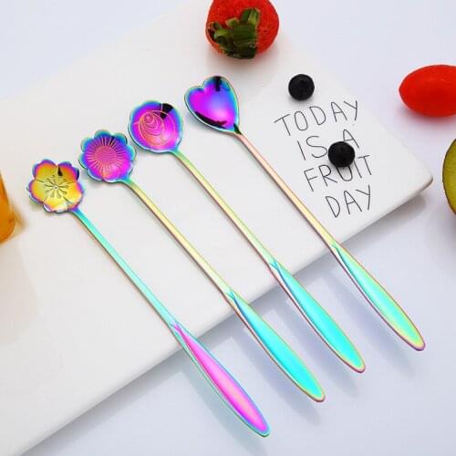 304 Stainless Steel Coffee Stirring Spoon Heart Shaped Long Handle Flower Teaspoon Ice Cream Honey Spoon Cutlery Set