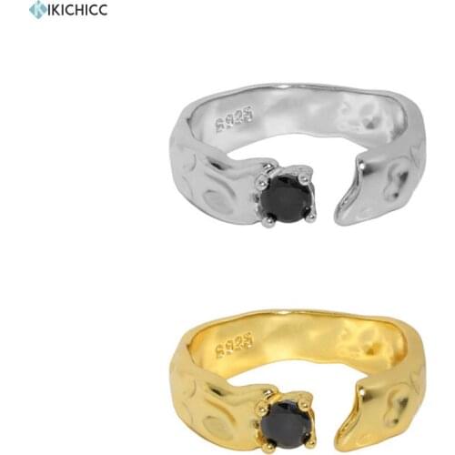 KIKICHICC 925 Sterling Silver Gold Black Zircon Open Adjustable Rings Women Fine Jewelry Irregular Resizable Geometric Ring