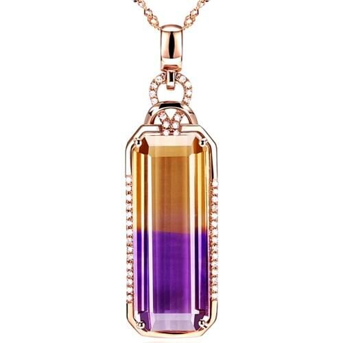 BIG CARATS GEMSTONES CITRINE AMETHYST CRYSTAL PENDANT NECKLACES WOMEN 14K ROSE GOLD COLOR CHOKER DIAMONDS LUXURY JEWELRY BIJOUX