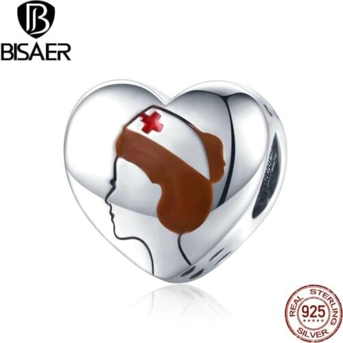 BISAER Nurse Heart Charms 925 Sterling Silver Medical Staff Bead Pendant For Bracelets Necklace For Women 2020 Jewelry ECC1547