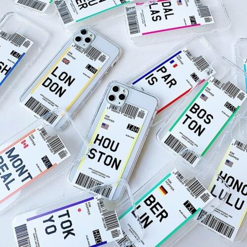 International Air Tickets Label City Case For iPhone 11Pro Max Anti-drop TPU Clear Case For iPhone 6 6s 7 8 Plus X Xs Max XR INS