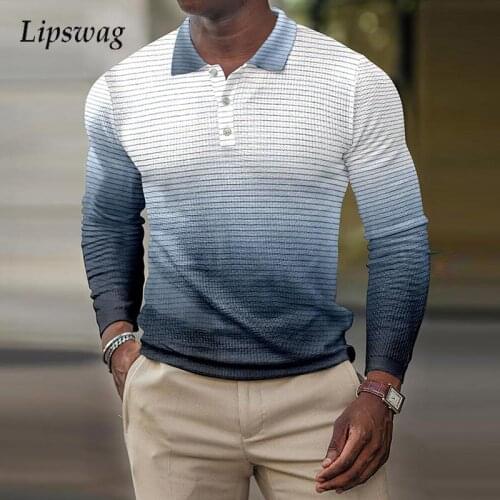 Fashion Gradient Color Long Sleeve Polo Shirts For Men Autumn Casual Turn-down Collar Tops Pullover Mens Polo Shirt Streetwear